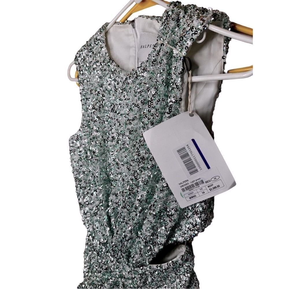 NWT Halpern cupped sequin high collared cut out dress aqua lace size 34/ US 2 - Picture 6 of 14